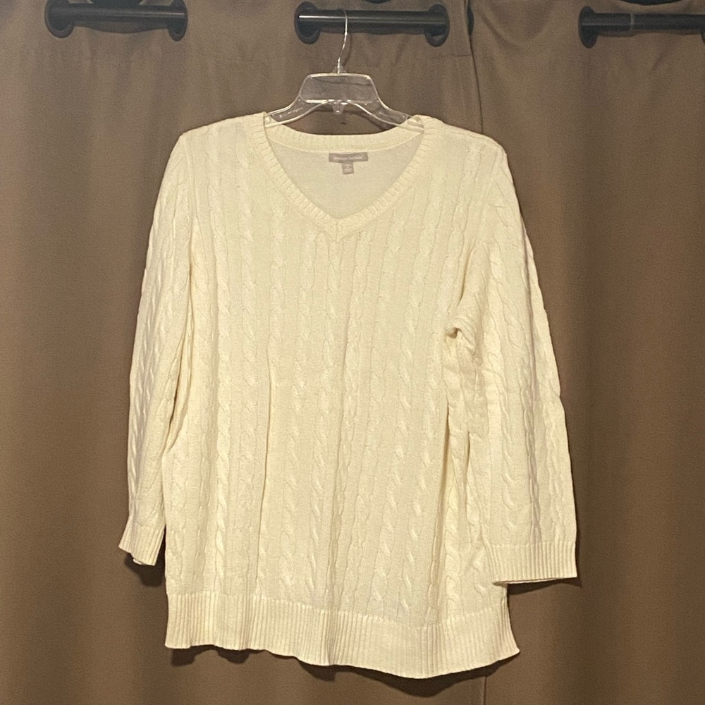 Woman Within V-Neck Cable Knit Sweater - Cream